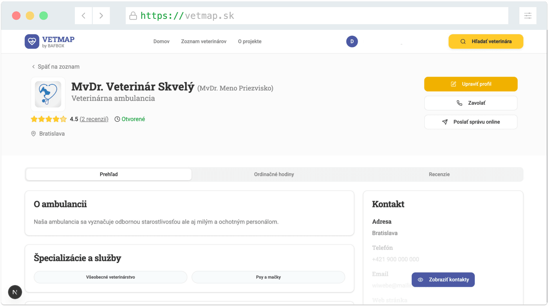Ukážka portálu Vetmap – profil veterinárnej ambulancie